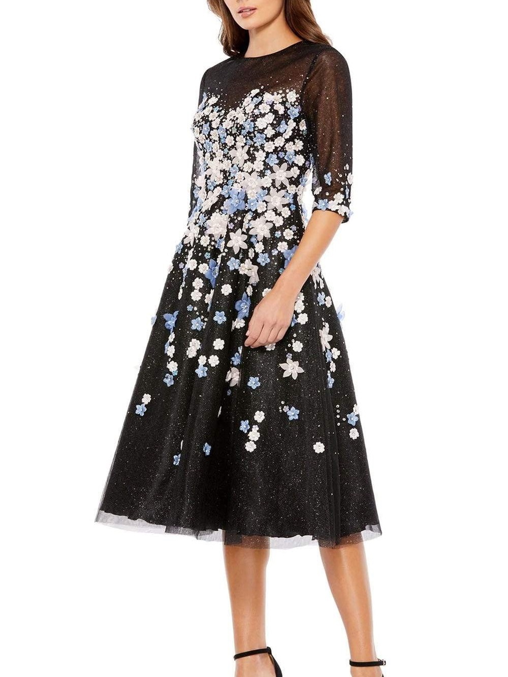 Mac Duggal Black Tulle Kids Dress with Blue & White Floral Appliqués
